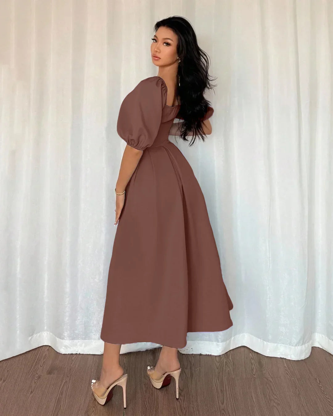 Minimalist Pleated Hem A Line Dress With Puff Sleeves in Brown