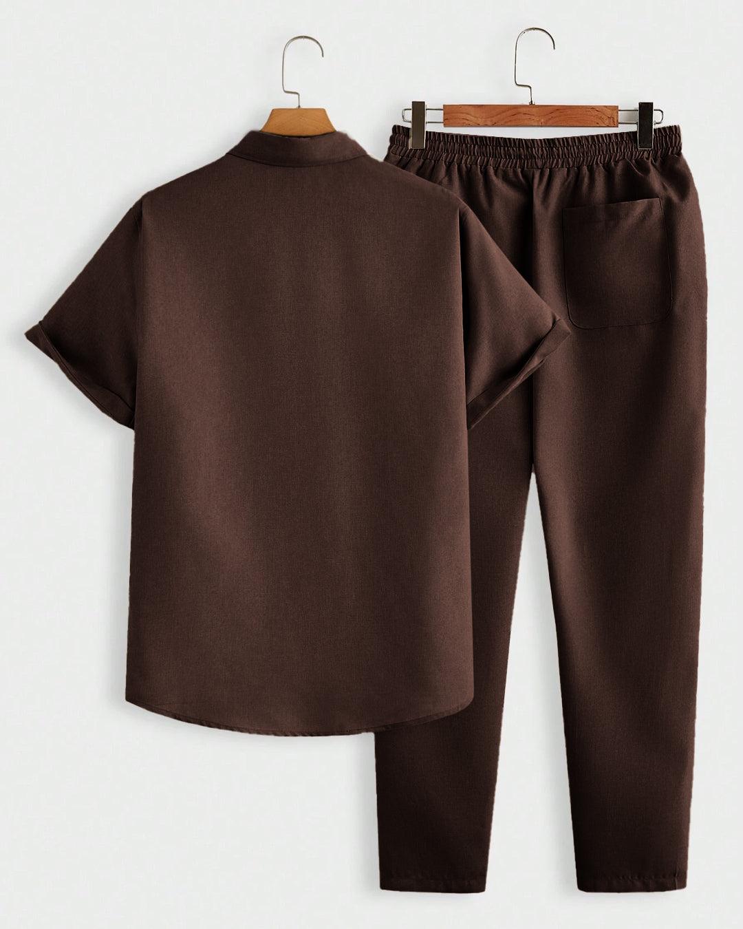 Men Vacation Solid Color Casual Shirt And Long Pants Set In Coco Brown