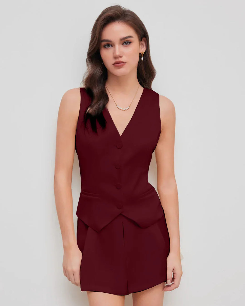 Satin V-neck Solid Button Vest in Red