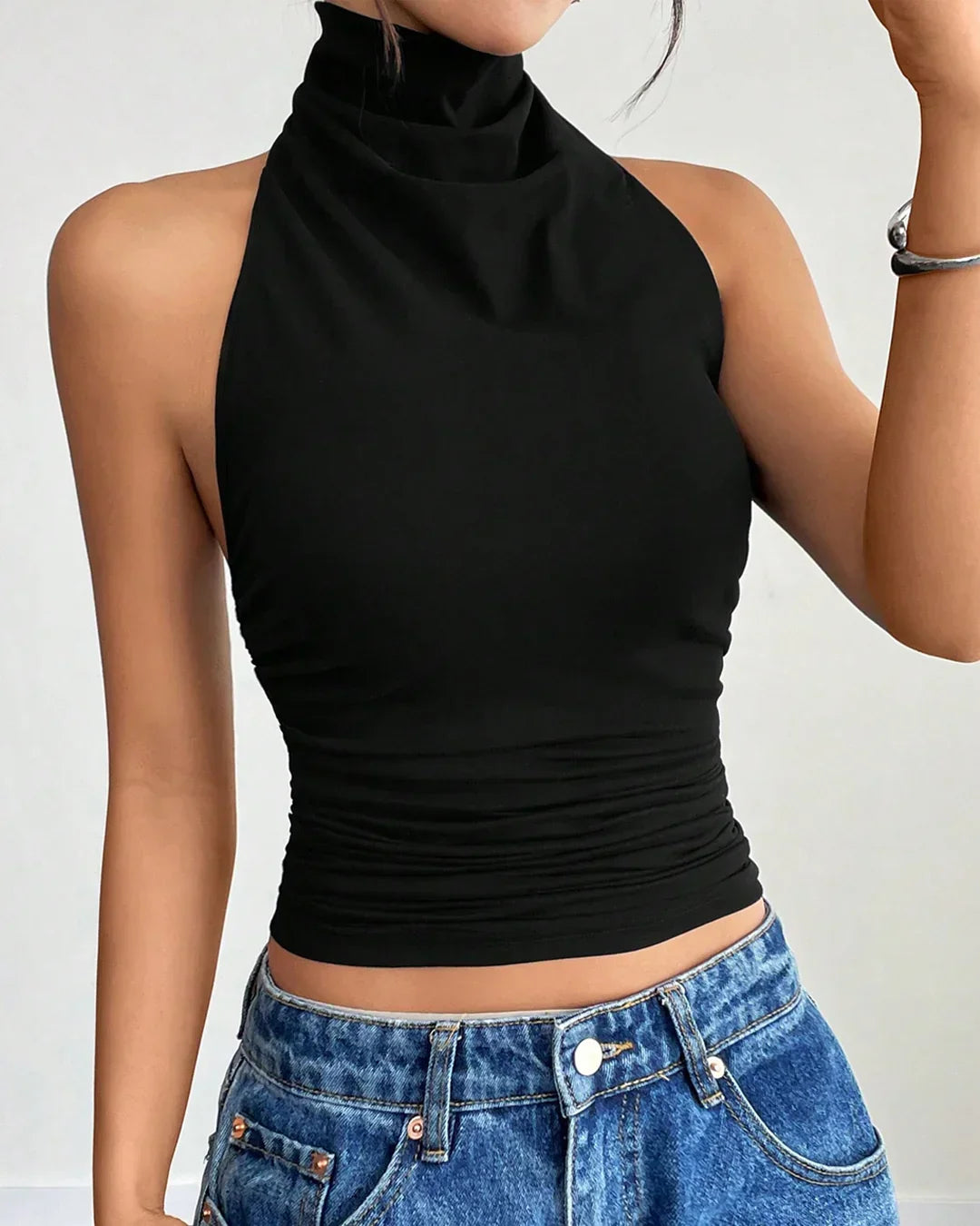 Minimalist Sleeveless High Neck Tank Top in Black