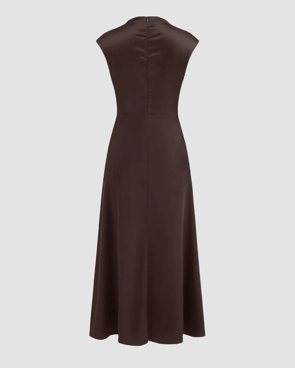 Satin Stand Collar Short Sleeve Asymmetrical Hem Midi Dress in Brown