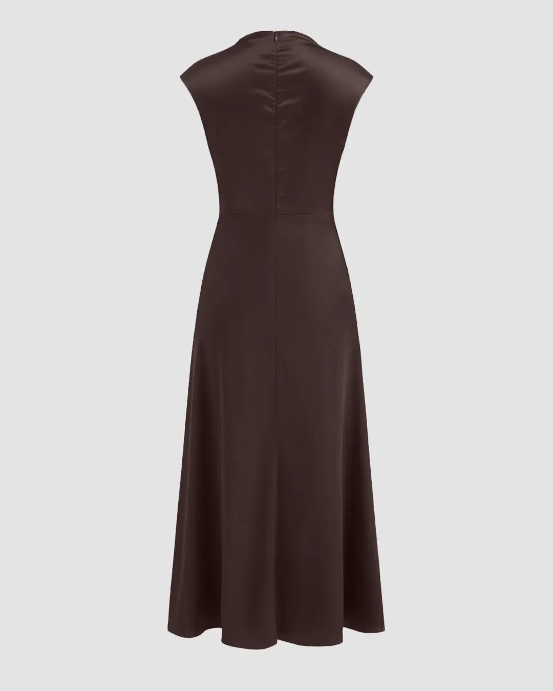Satin Stand Collar Short Sleeve Asymmetrical Hem Midi Dress in Brown