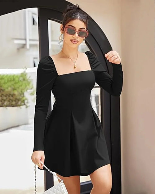 Black Square Neck Sleeveless Fit & Flare Mini Dress