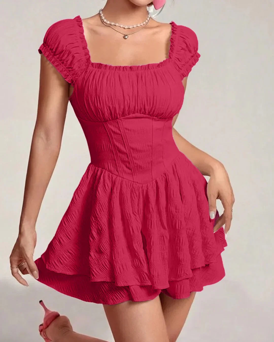 Square Neck Double Layer Short Sleeve Dress In Hot Pink