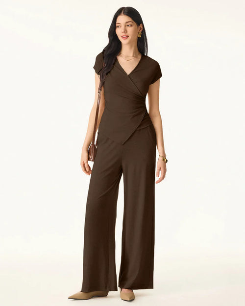 Brown Short Sleeve Wrap Top & Wide-Leg Trousers Co-ords Set