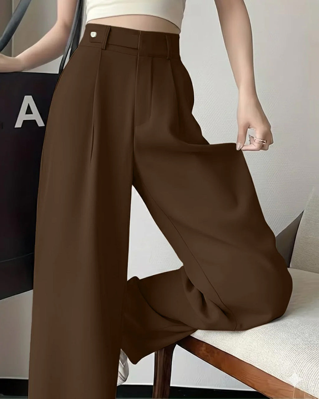 High Waist Straight Loose Solid A Line Trouser in Coco
