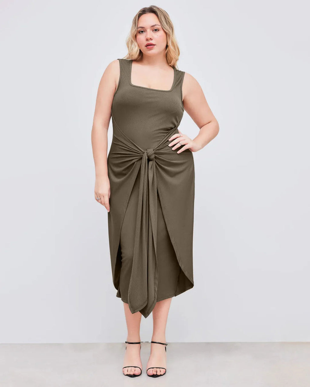 Square Neck Solid Twist Knotted Grey Maxi Dress Curve & Plus