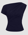 One Shoulder Ruched Asymmetrical Top in Dark Navy Blue