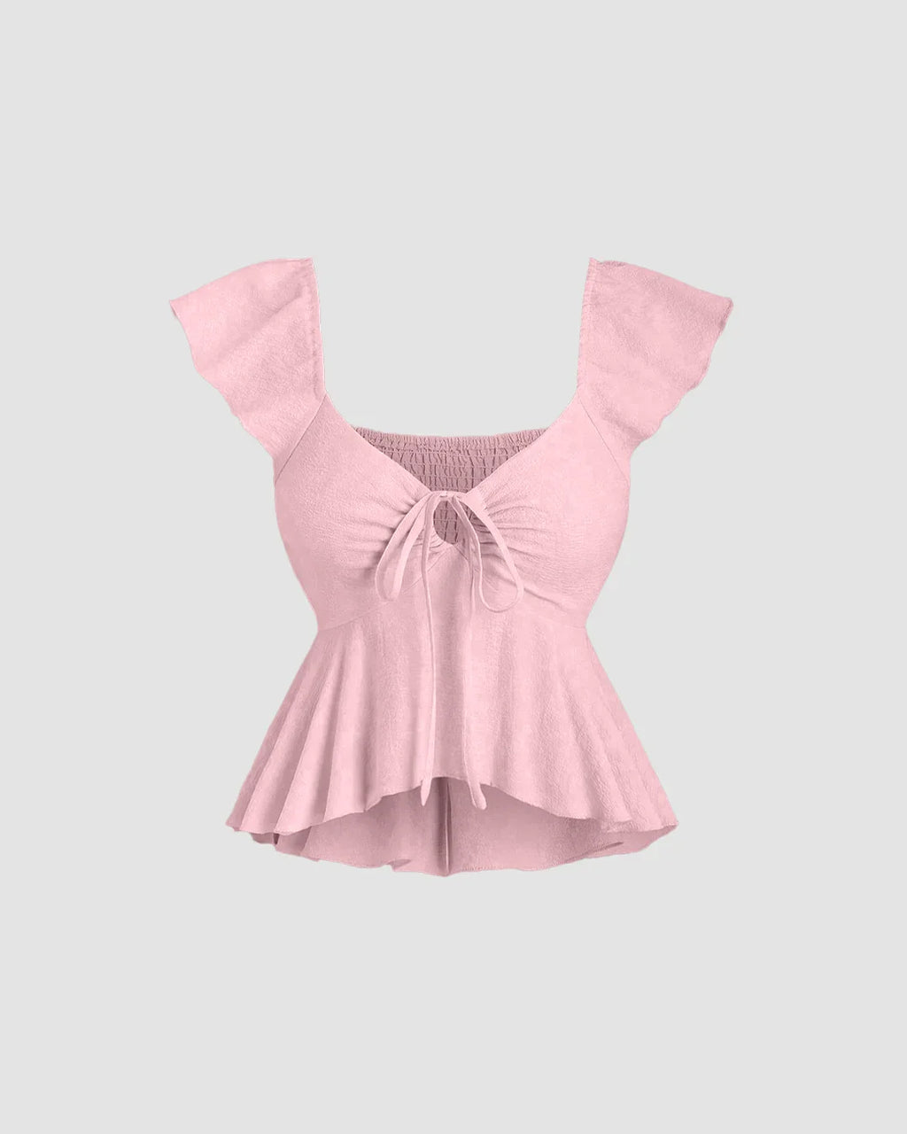 Ruffled Sleeve Tie Front Peplum Top in Baby Pink