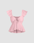 Ruffled Sleeve Tie Front Peplum Top in Baby Pink