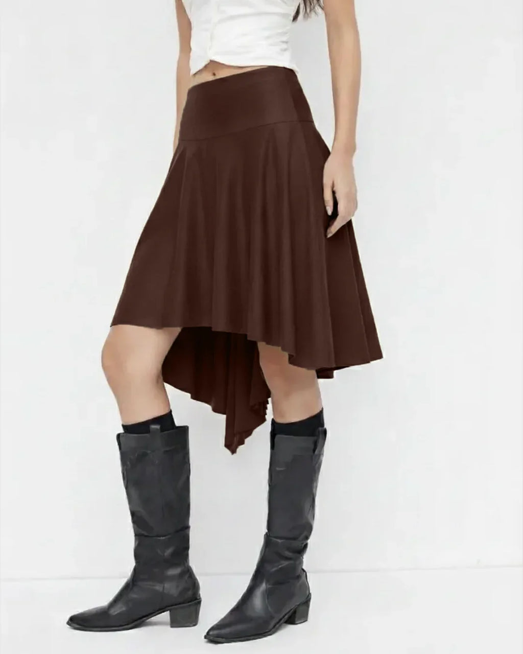 High-Waist Handkerchief-Hem Flared Midi Skirt in Dark Brown