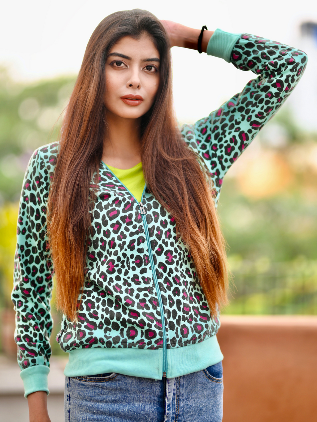 Banana Print Cotton Zippered Hoodie with Pockets - Pinkkup