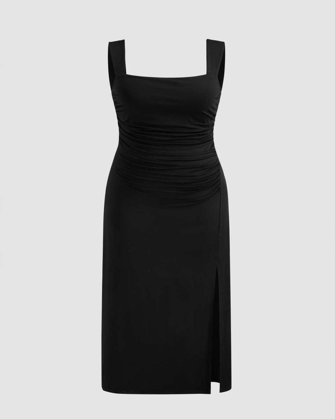 Square Neckline Ruched Split Bowknot Maxi Dress Curve & Plus