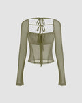 Square Neck Solid See-through Knotted Long Sleeve Top In Herbal Green