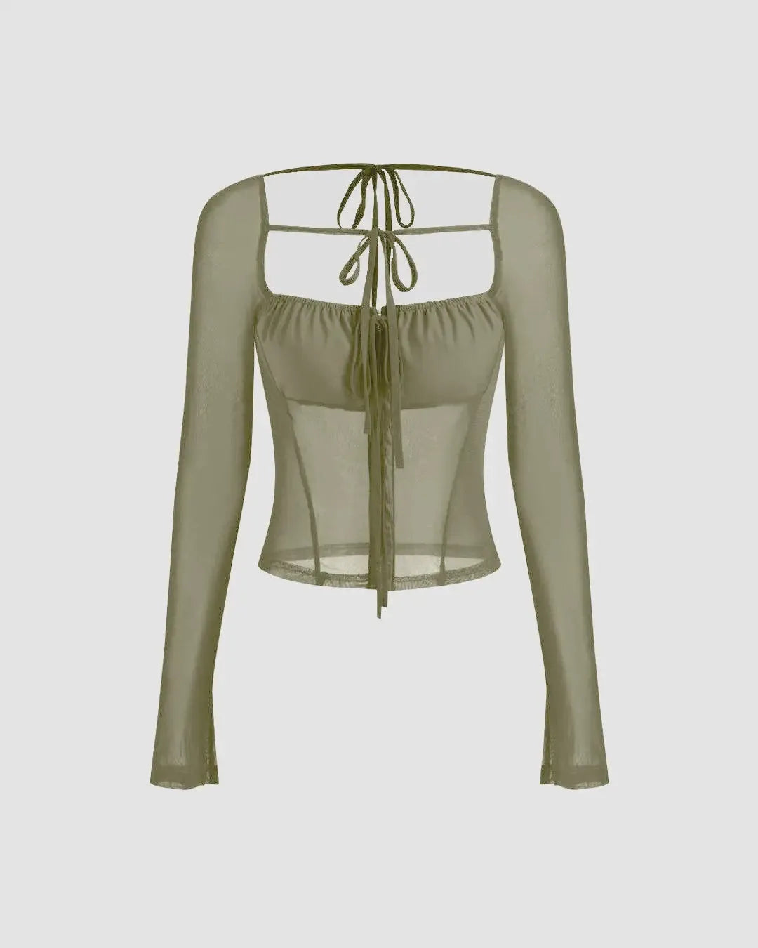 Square Neck Solid See-through Knotted Long Sleeve Top In Herbal Green