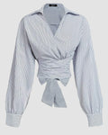 Black Striped Wrap Front Collared Full Sleeve Top With Waist Tie