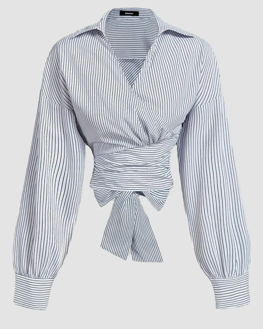 Black Striped Wrap Front Collared Full Sleeve Top With Waist Tie