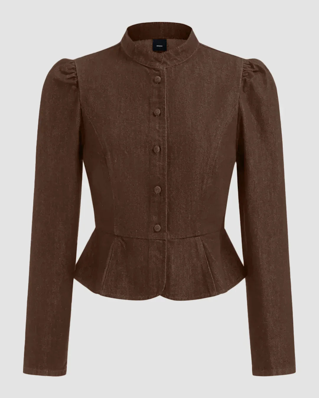 High Neck Button Down Denim Full Sleeve Top in Chocolate Fondae