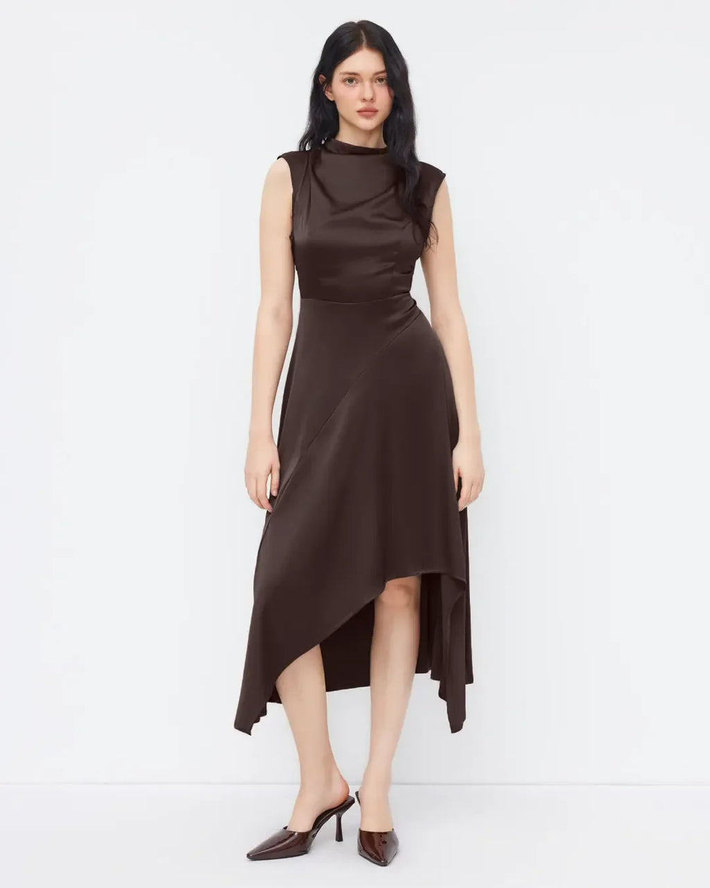 Satin Stand Collar Short Sleeve Asymmetrical Hem Midi Dress in Brown