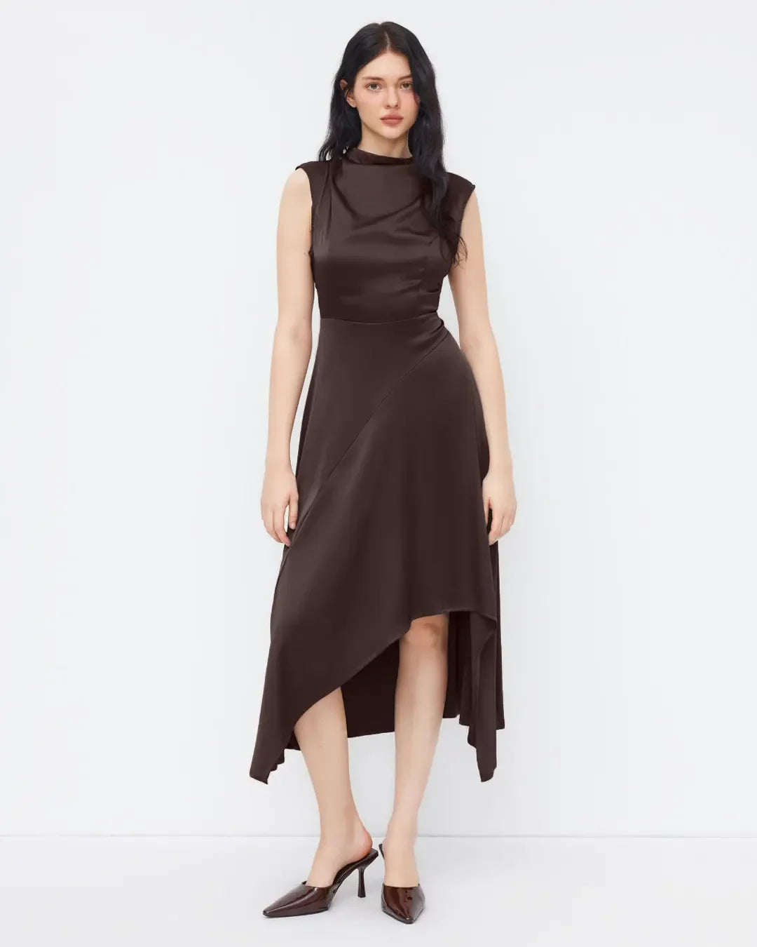Satin Stand Collar Short Sleeve Asymmetrical Hem Midi Dress in Brown