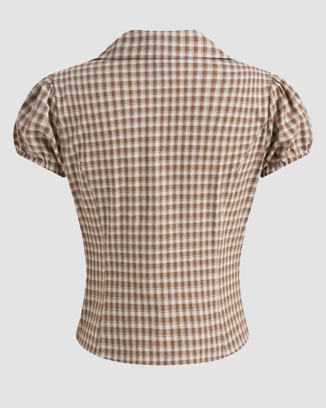 Checkered Collared Button Down Fitted Short Sleeve Top