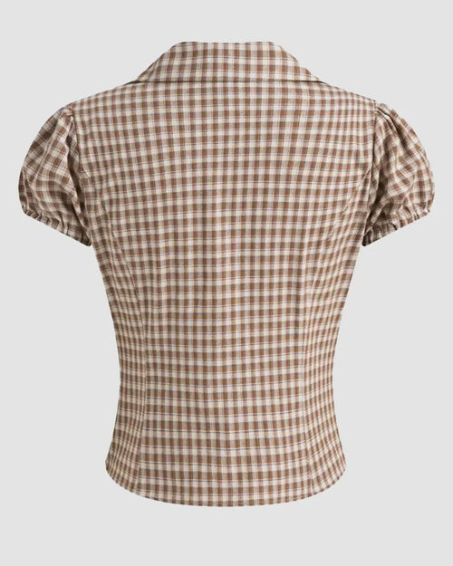 Checkered Collared Button Down Fitted Short Sleeve Top