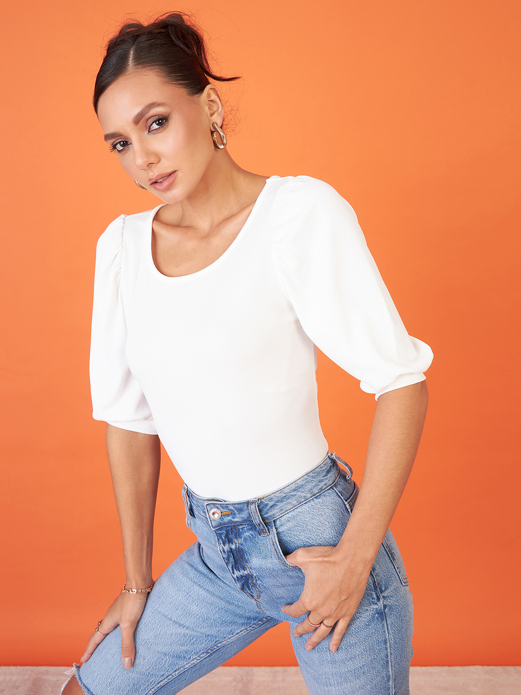 Cotton Solid Stretchable Round Neck Puff Sleeve Top