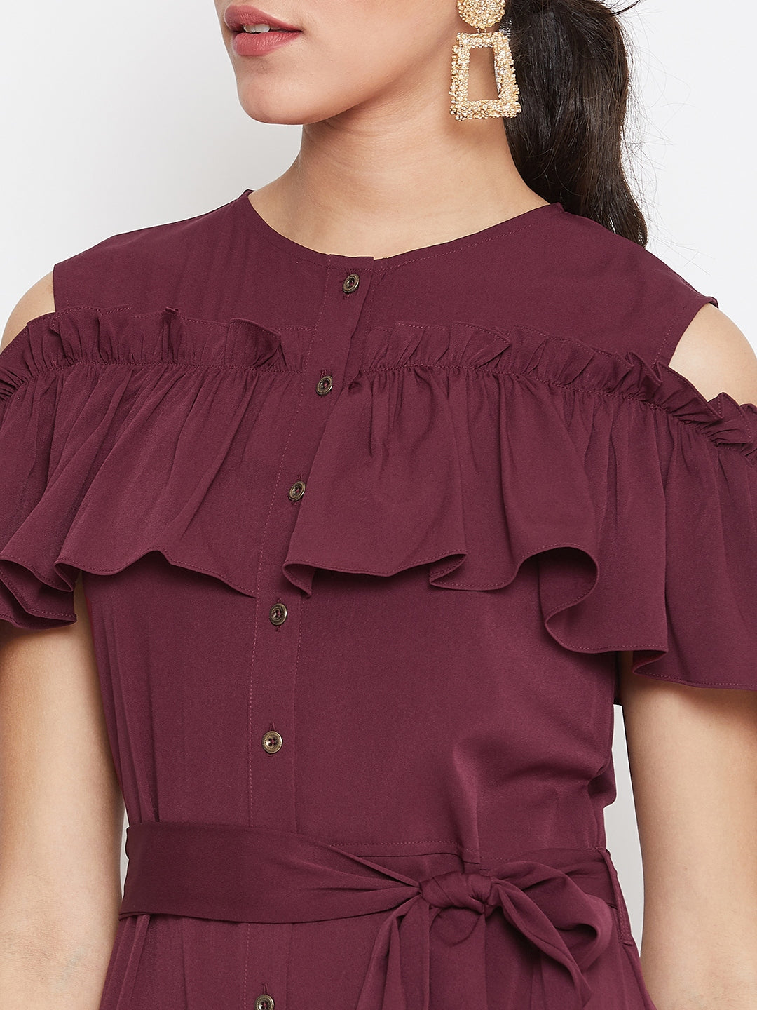 Ruffled Buttoned Cold Shoulder Maxi Dress