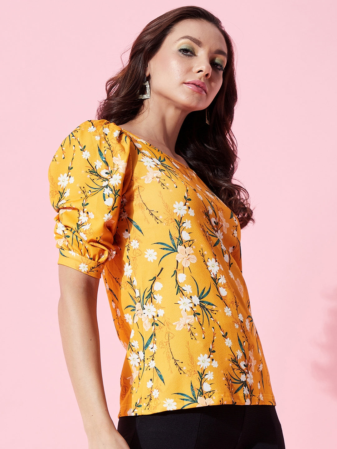 Cotton Floral Stretchable Puff Sleeve Top