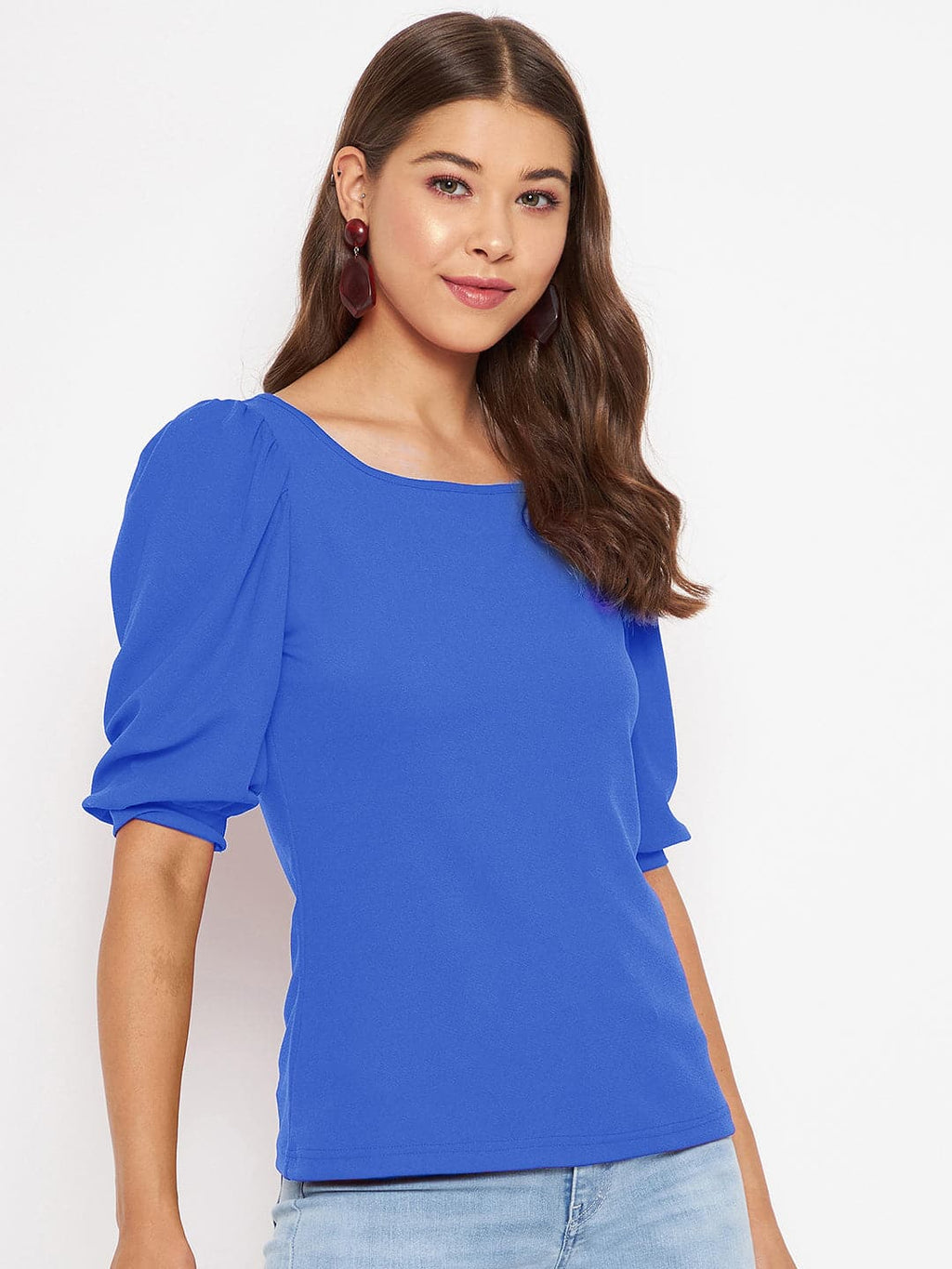 Cotton Solid Stretchable Round Neck Puff Sleeve Top