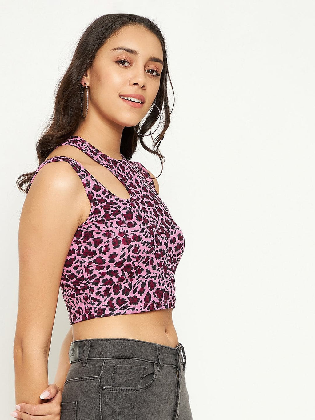 Printed Cotton Stretchable Shoulder Cutout Crop Top