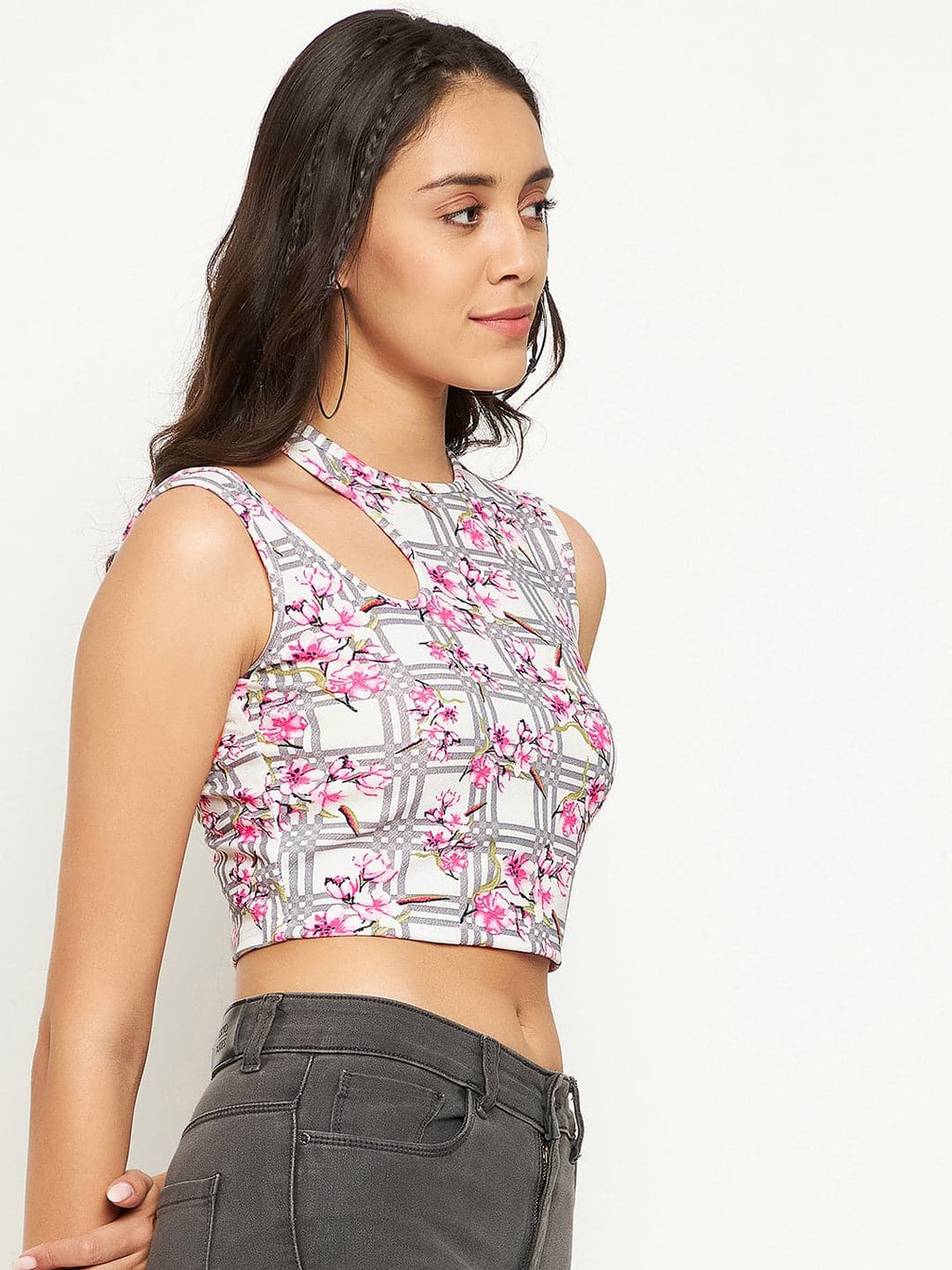 Printed Cotton Stretchable Shoulder Cutout Crop Top
