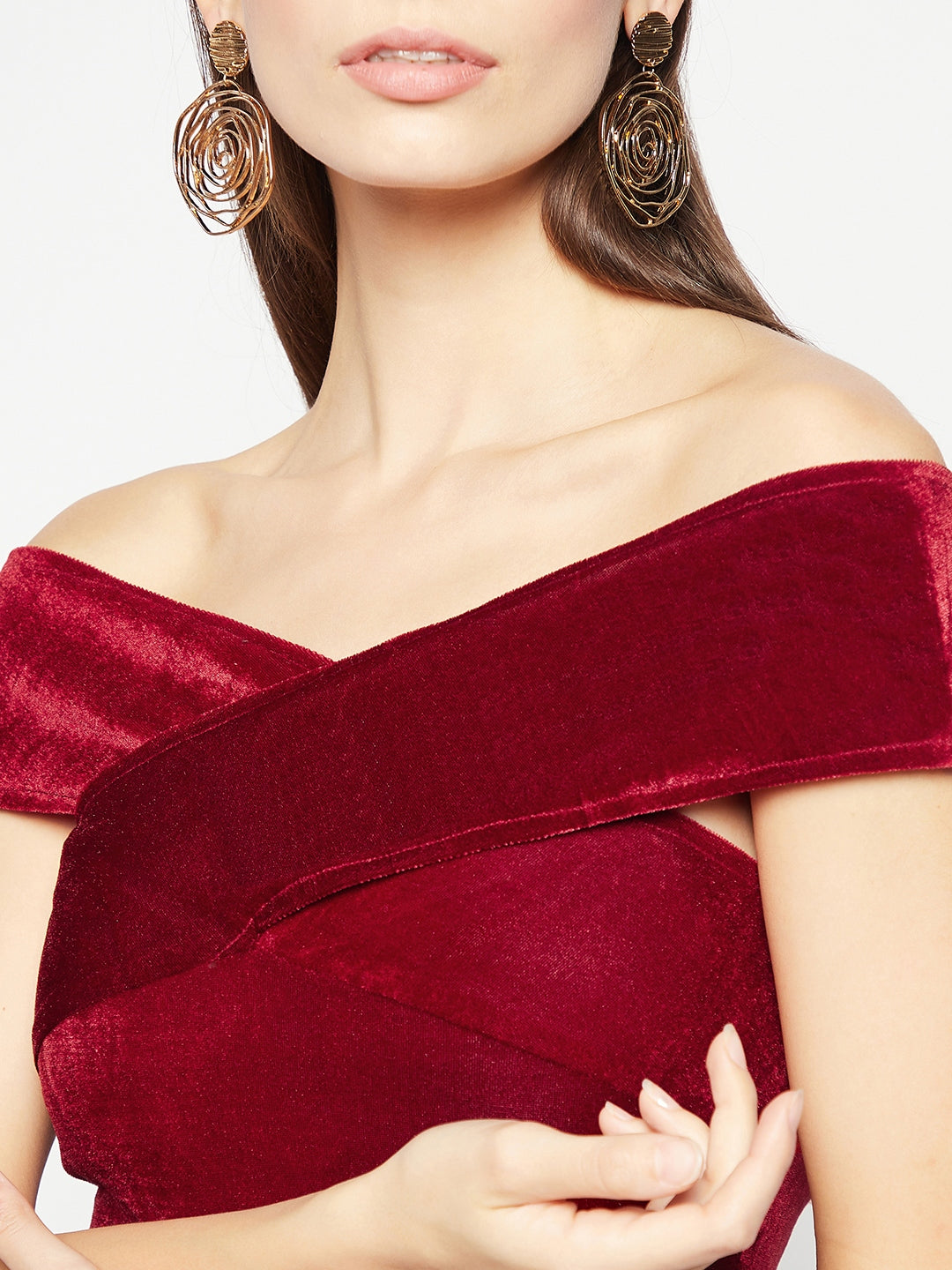 Off Shoulder Stretchable Velvet Skater Dress