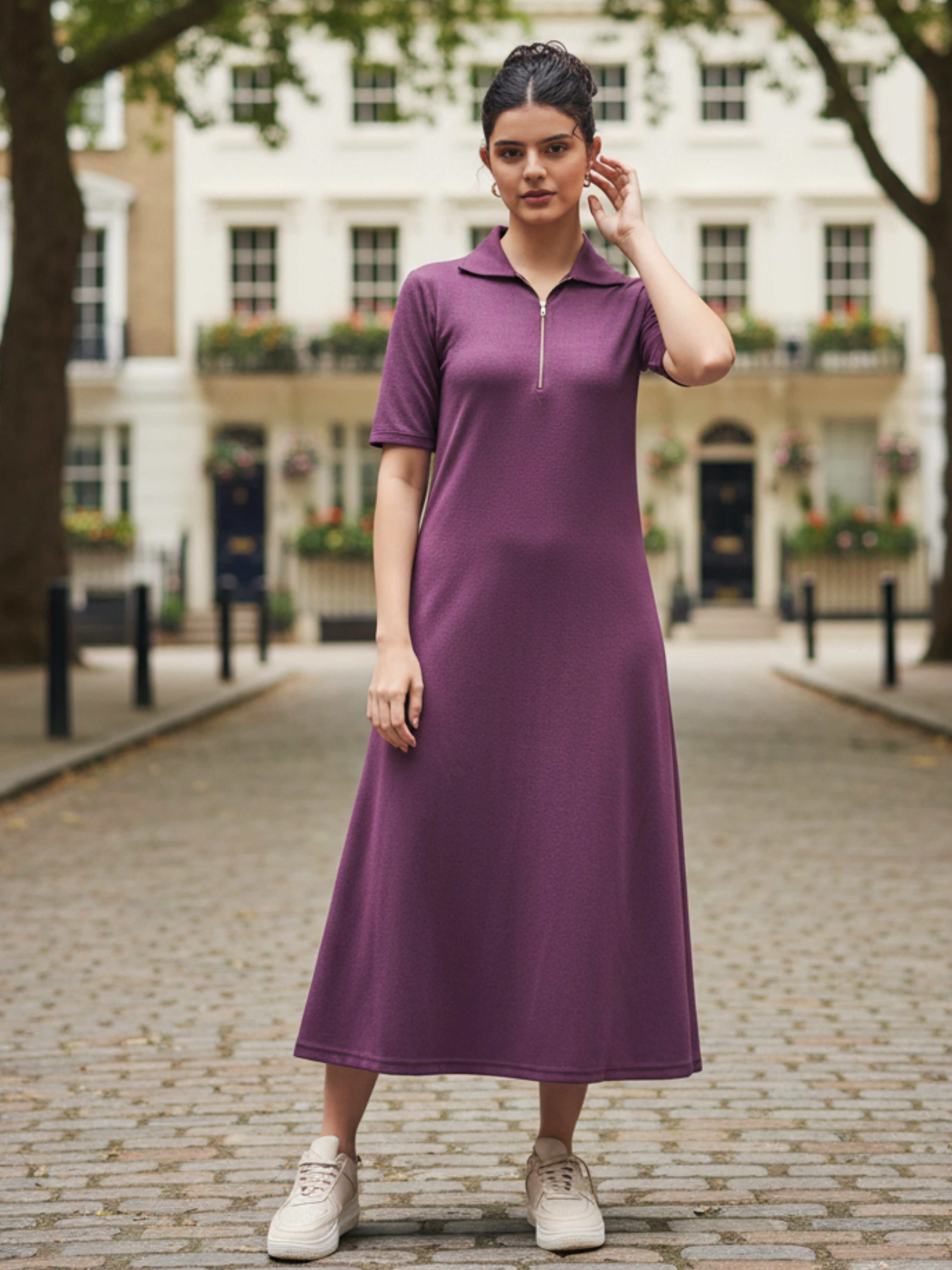 Stretchable Front Zip-up Midi Dress - Pinkkup