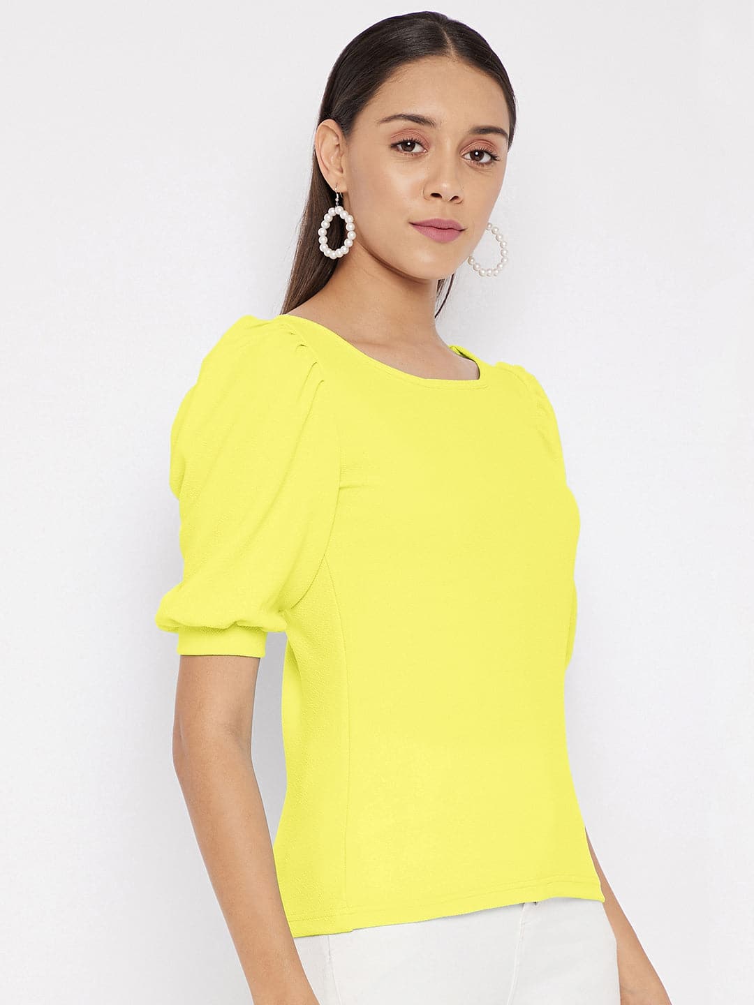 Cotton Solid Stretchable Round Neck Puff Sleeve Top