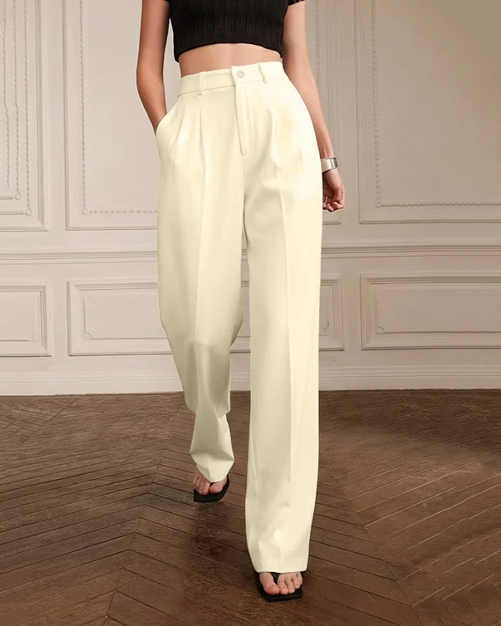 Solid Color Straight-Leg High-Waisted Slant Pocket in Beige