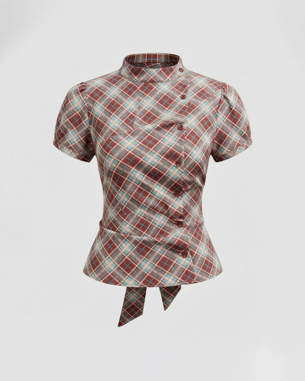 Plaid Stand Collar Puff Sleeve Tie Back Button Top
