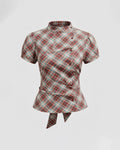 Plaid Stand Collar Puff Sleeve Tie Back Button Top