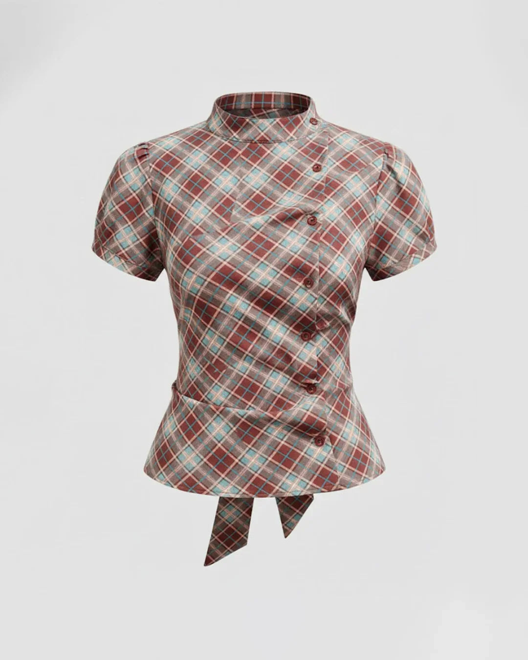 Plaid Stand Collar Puff Sleeve Tie Back Button Top