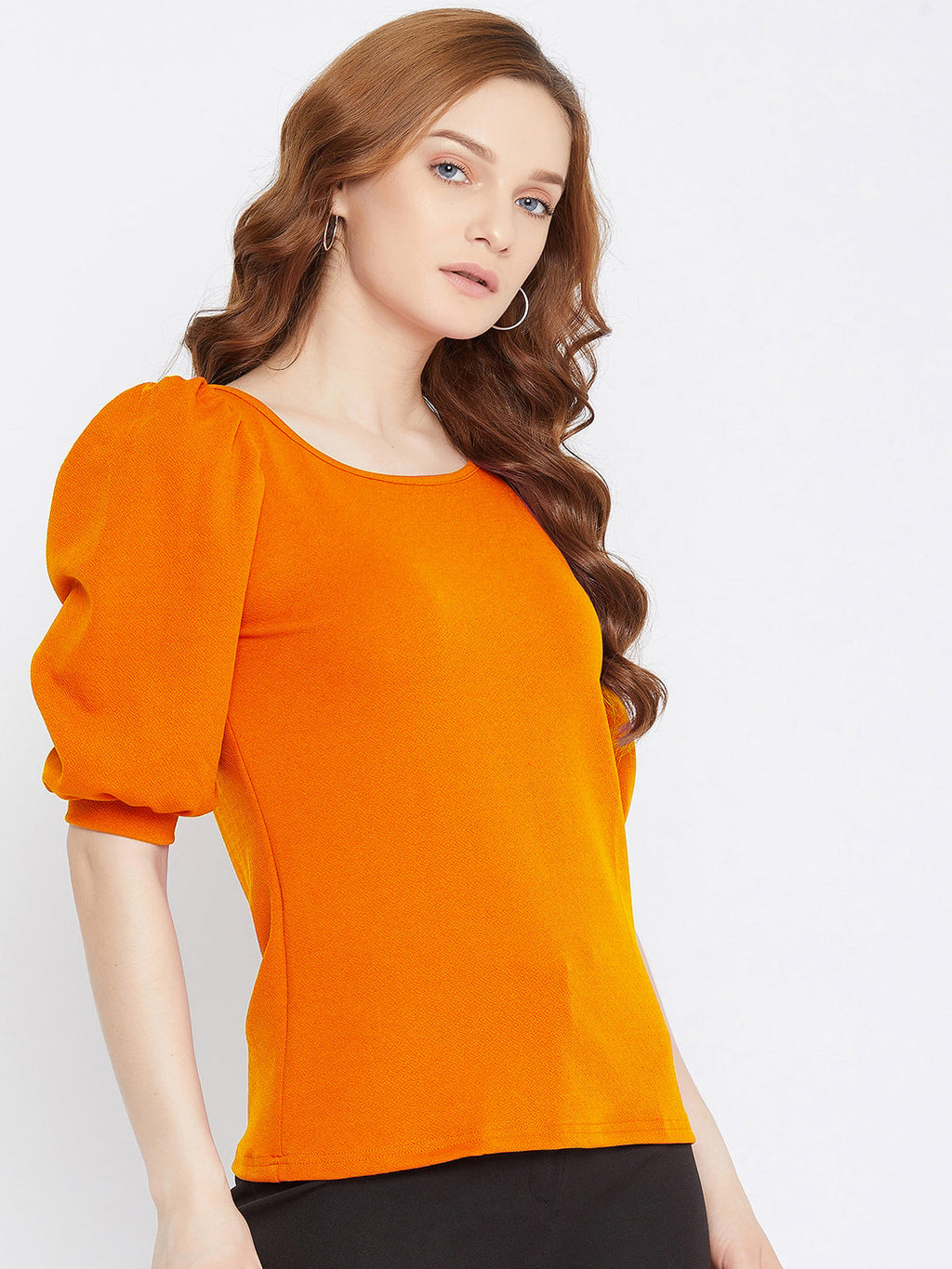Cotton Solid Stretchable Round Neck Puff Sleeve Top