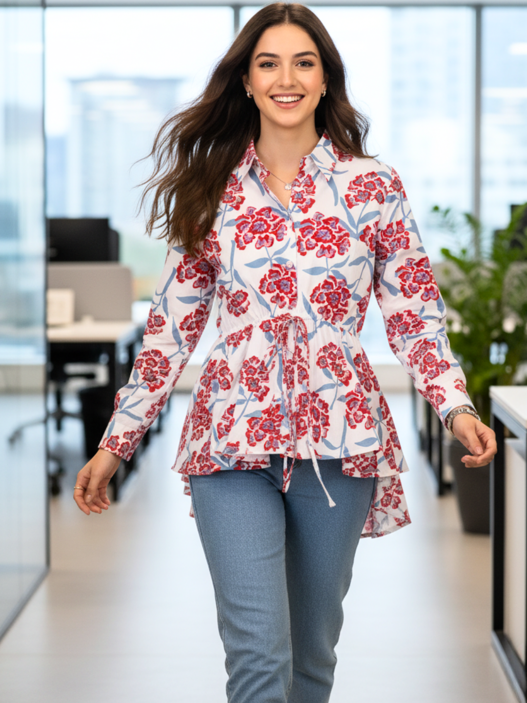 Pure Cotton Drawstring Peplum Shirt - Pinkkup