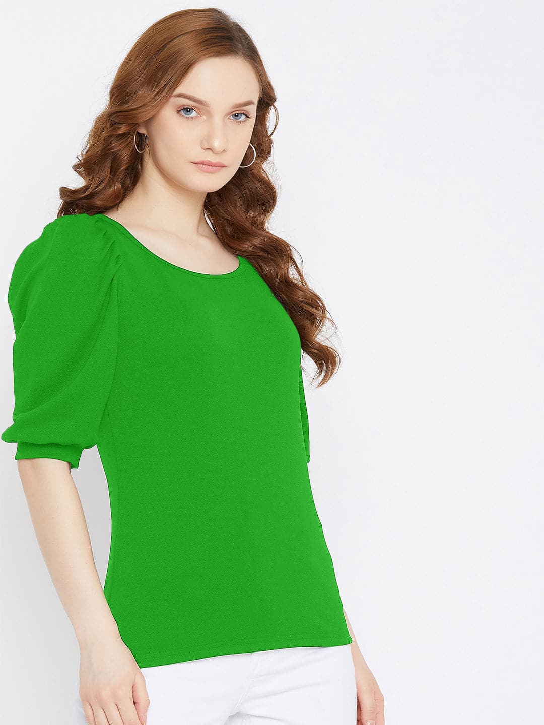 Cotton Solid Stretchable Round Neck Puff Sleeve Top
