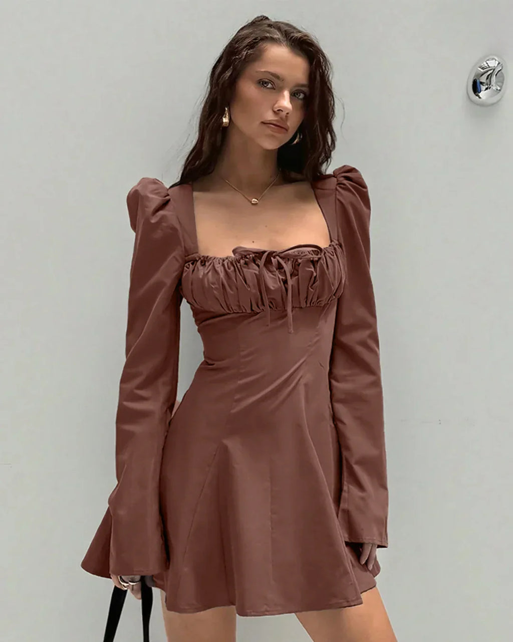 Ruched Bust Full Sleeve A-Line Mini Dress in Brown