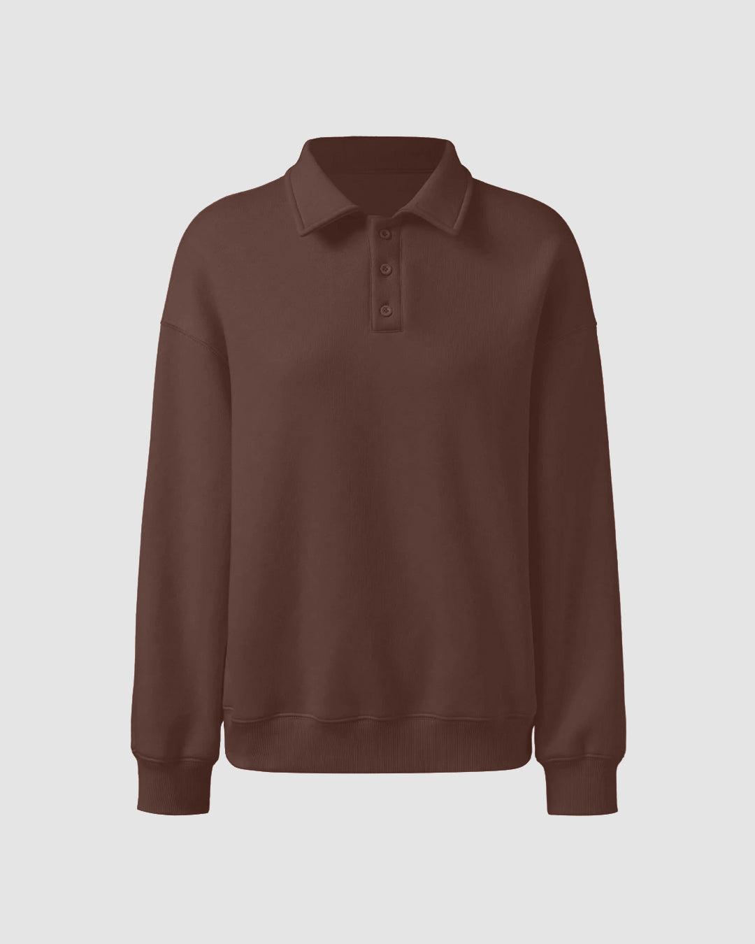 Polar Fleece Polo Sweatshirt & Elastic Waist Cargo Pants Two Piece Set Chocolate Brown