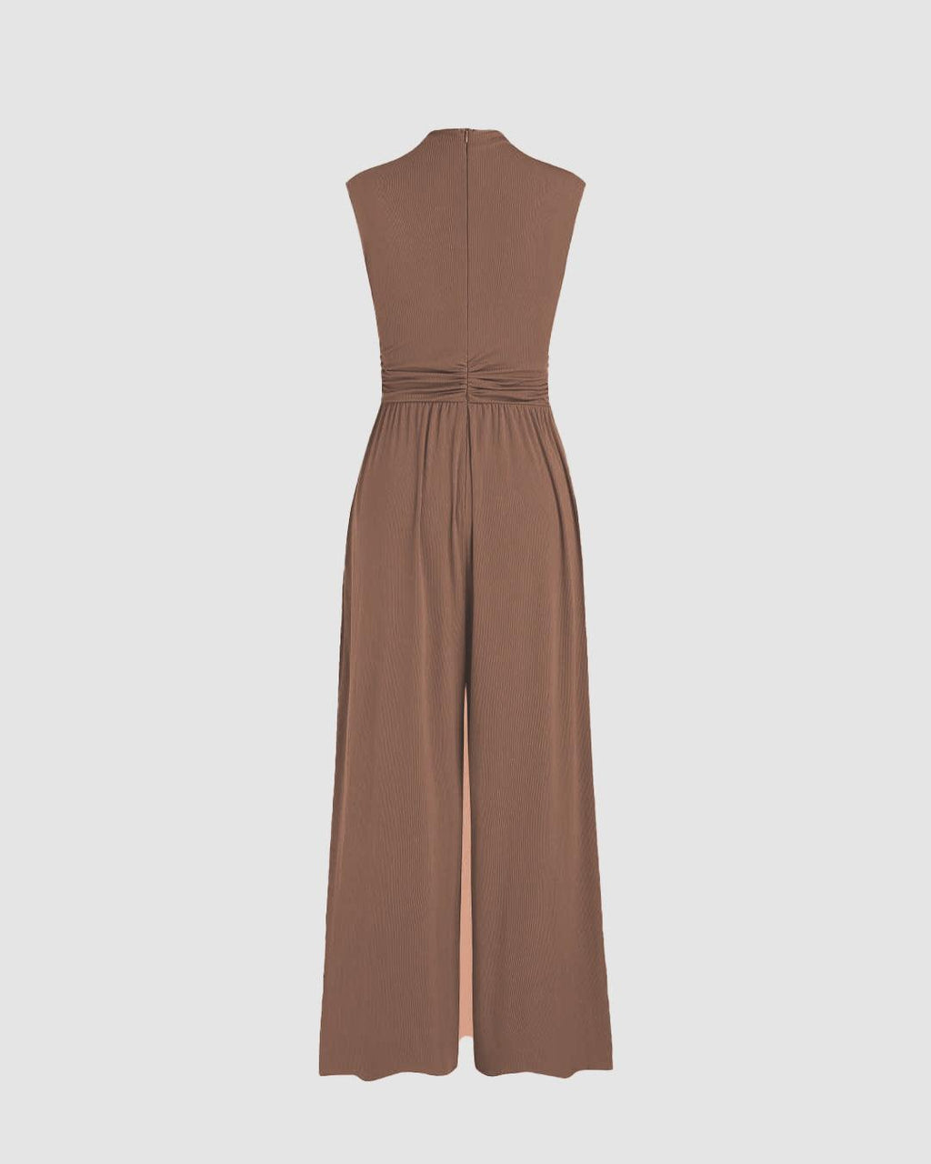 Round Neckline Solid Pleated Jumpsuit In Brown