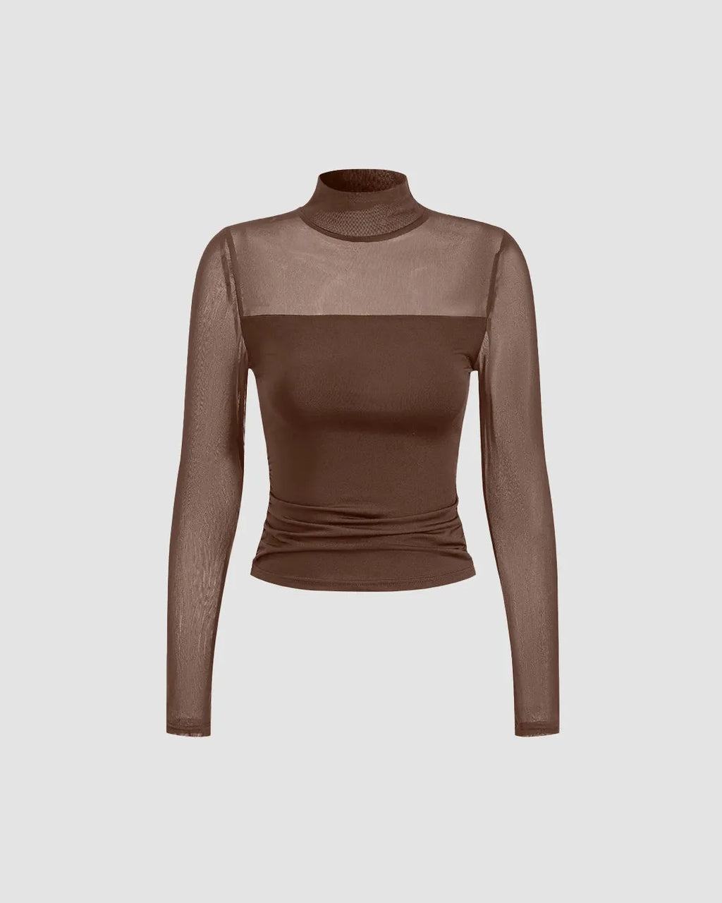 Sheer Mesh Mock Neck Long Sleeve Fitted Top In Coco Brown