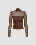 Sheer Mesh Mock Neck Long Sleeve Fitted Top In Coco Brown