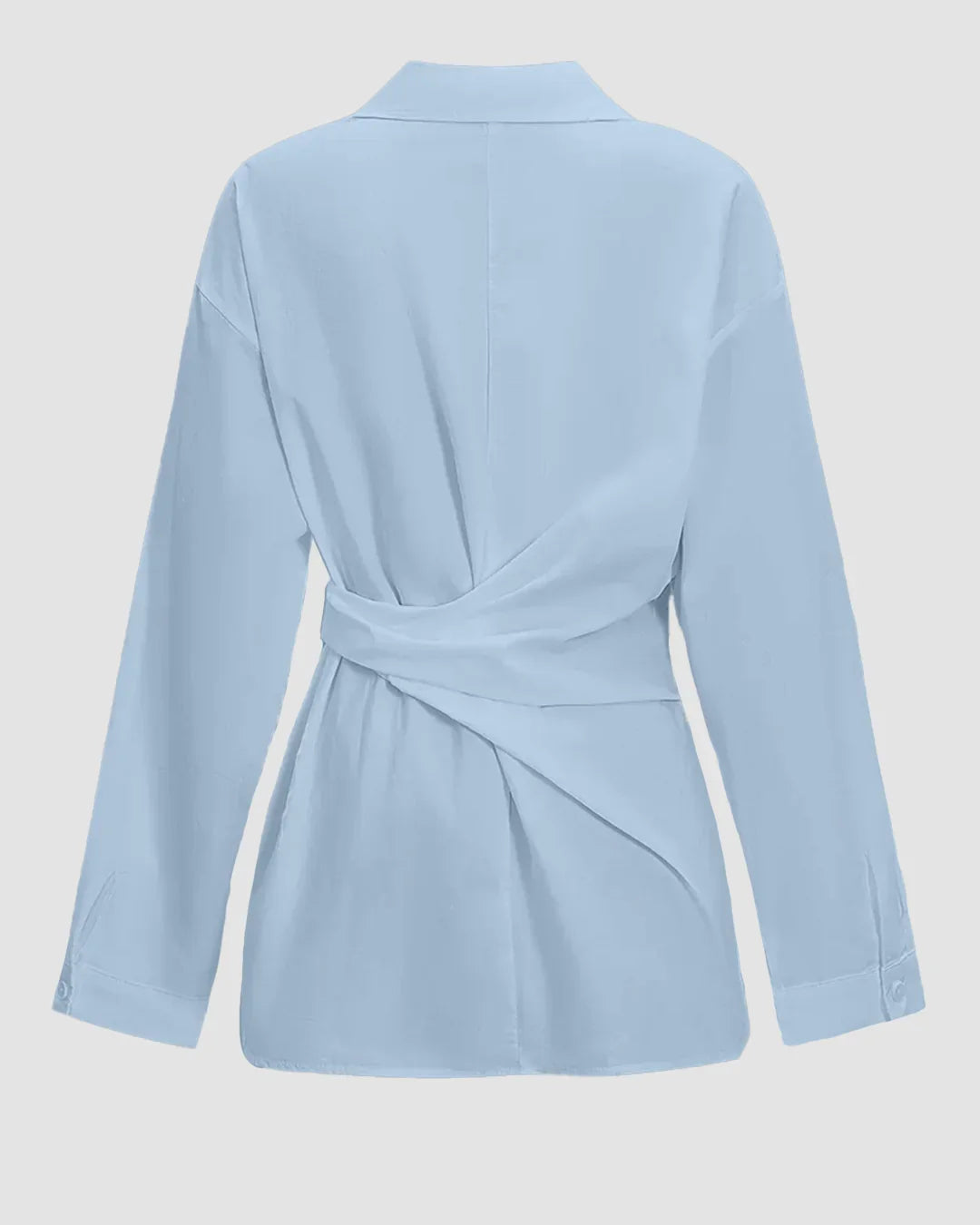 Tie Waist Button Down Long Sleeve Shirt in Sky Blue