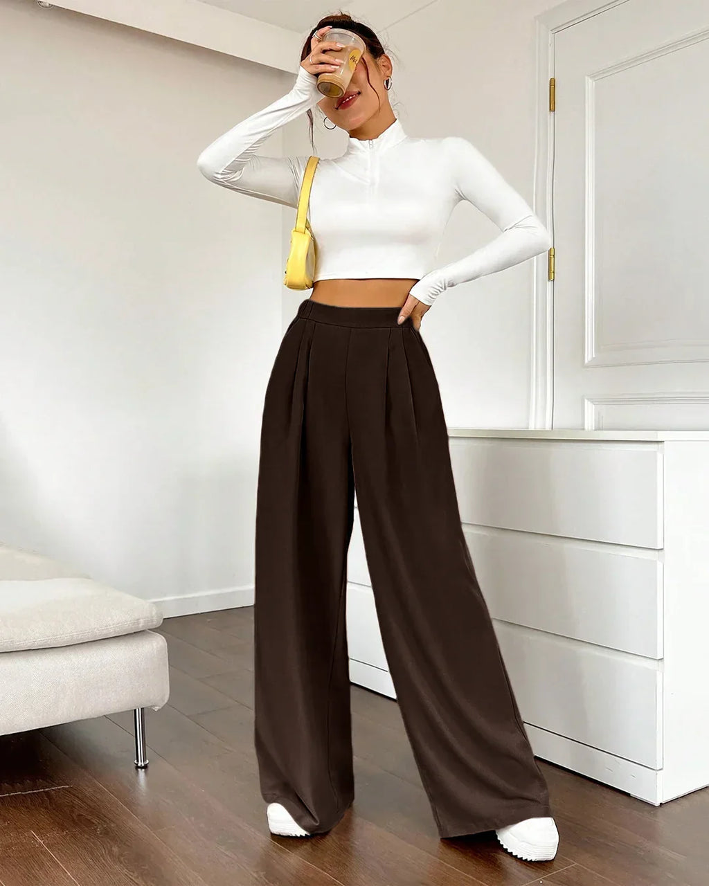 High-Rise Wide-Leg Trousers with Pockets in Coco