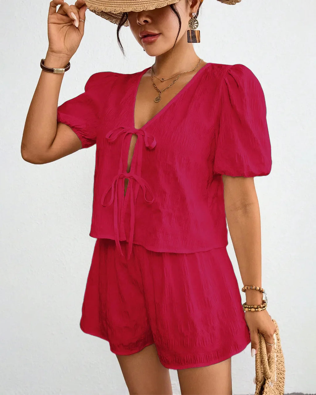 Hot Pink Puff Sleeve Crop Top & High-Waist Shorts Co-Ord Set